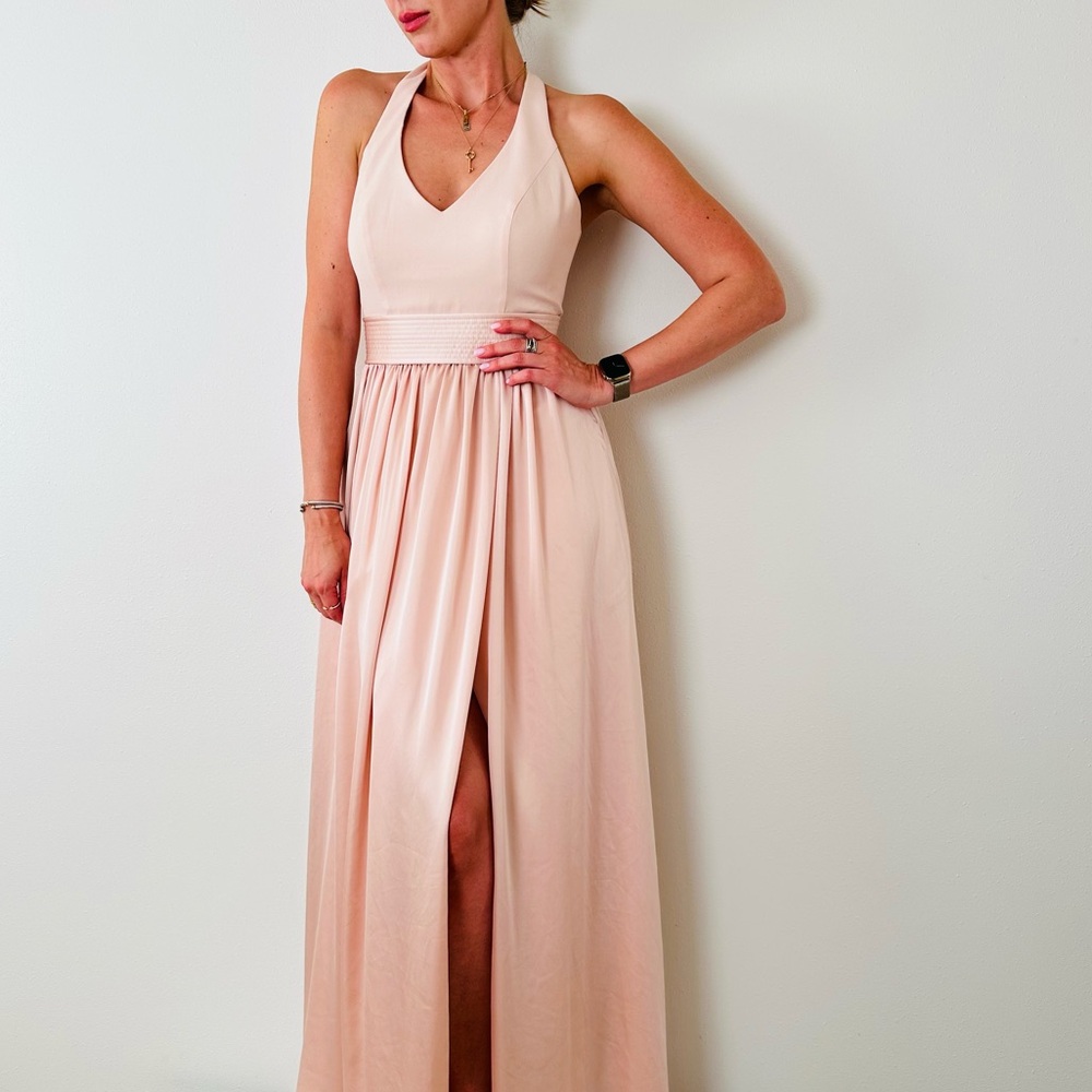Vera Wang White Elegant Halter Neck Pink Gown Wedding Prom Maxi Dress Satin